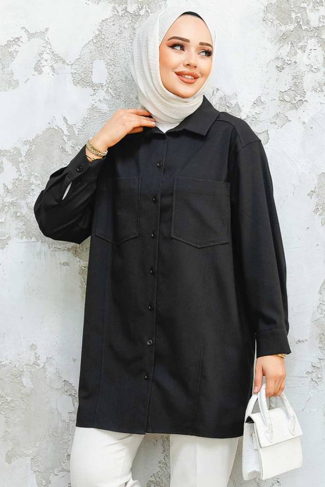Düğmeli Siyah Tesettür Puane Gömlek 10564S - NEVA STYLE
