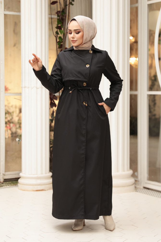 Düğmeli Siyah Tesettür Trençkot 62231S - N.S NEVA STYLE