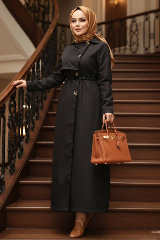 Düğmeli Siyah Tesettür Trençkot 62231S - N.S NEVA STYLE