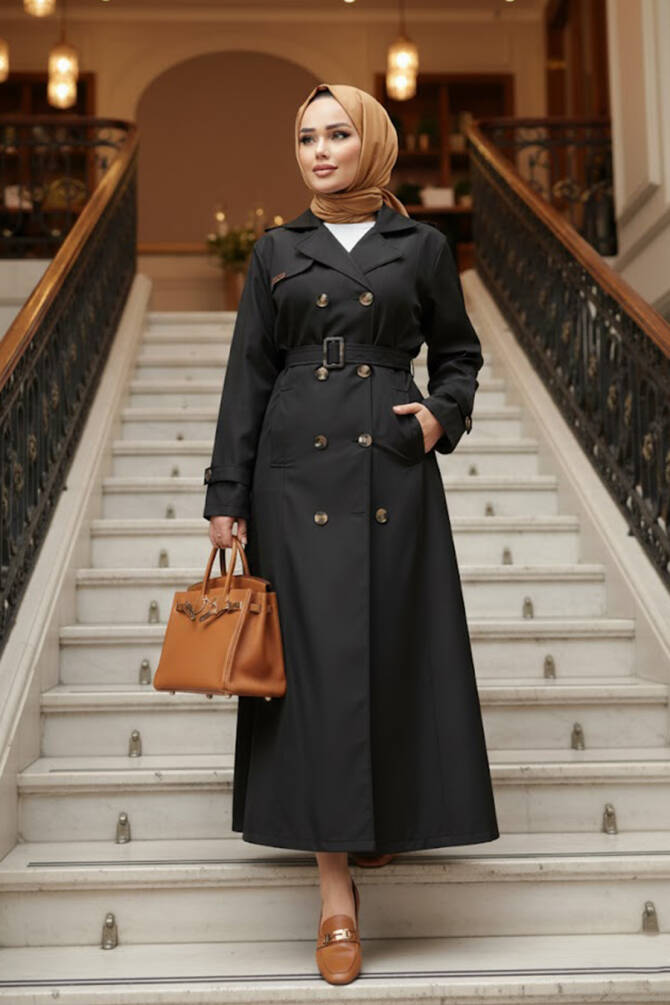 Düğmeli Siyah Tesettür Trençkot 7261S - 1