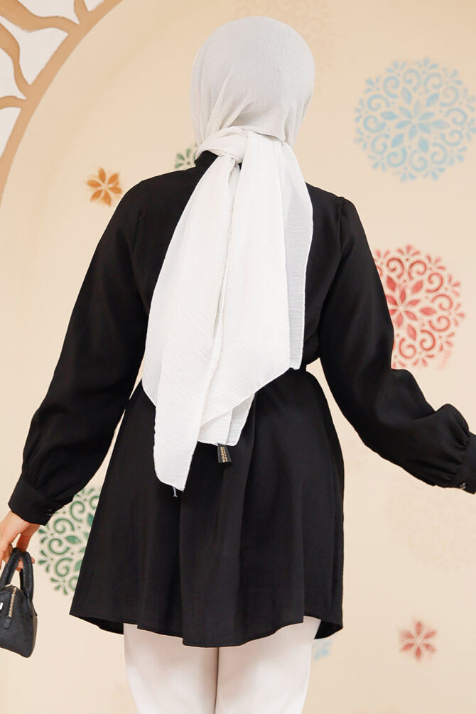Düğmeli Siyah Tesettür Tunik 10025S - 4
