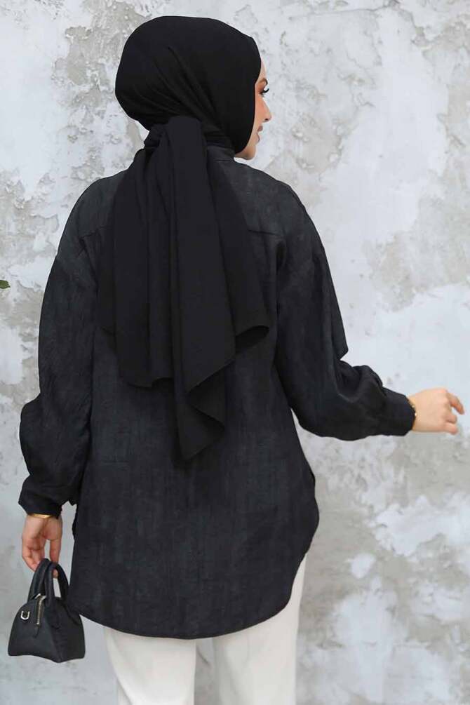 Düğmeli Siyah Tesettür Tunik 10113S - 4