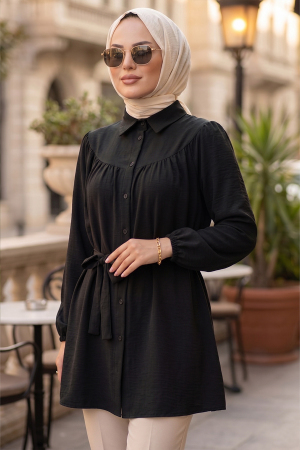 Düğmeli Siyah Tesettür Tunik 10184S - N.S NEVA STYLE