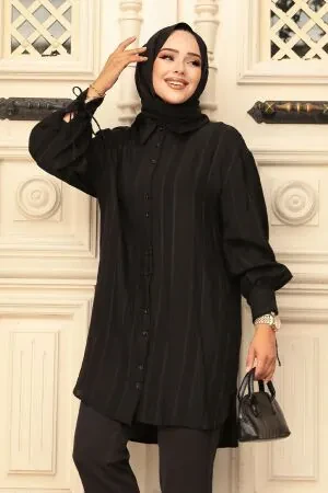 Düğmeli Siyah Tesettür Tunik 10510S 