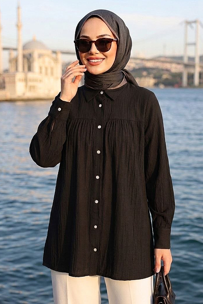 Düğmeli Siyah Tesettür Tunik 10682S - 1