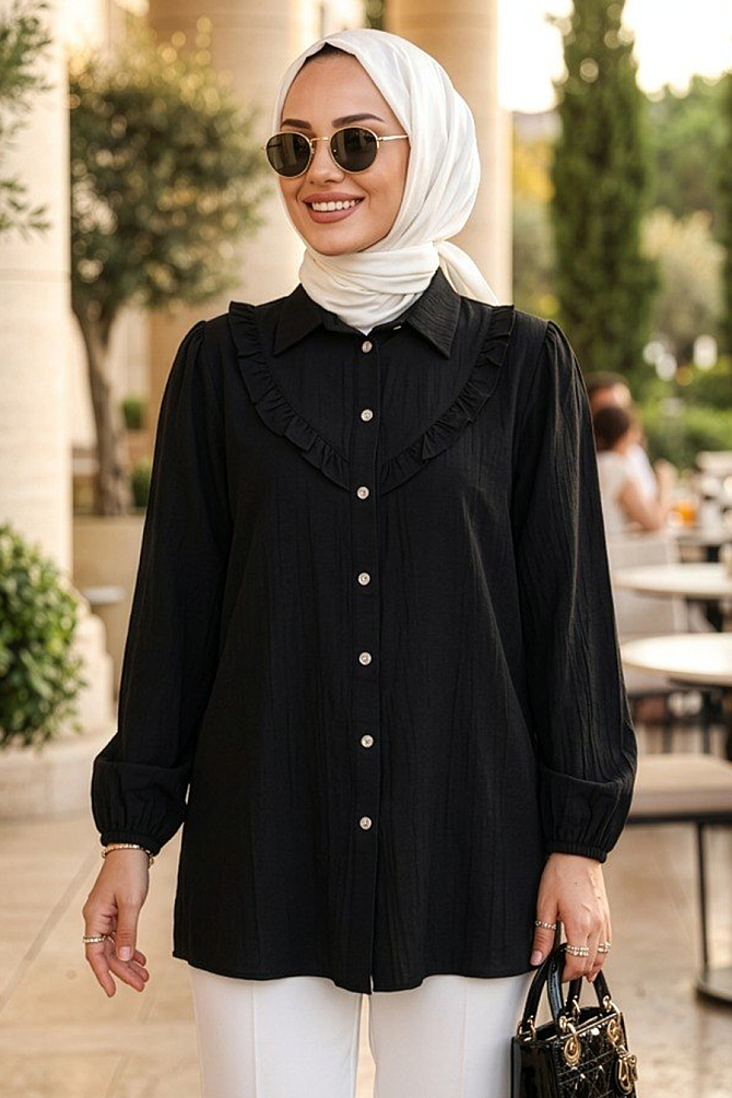 Düğmeli Siyah Tesettür Tunik 10693S - 1