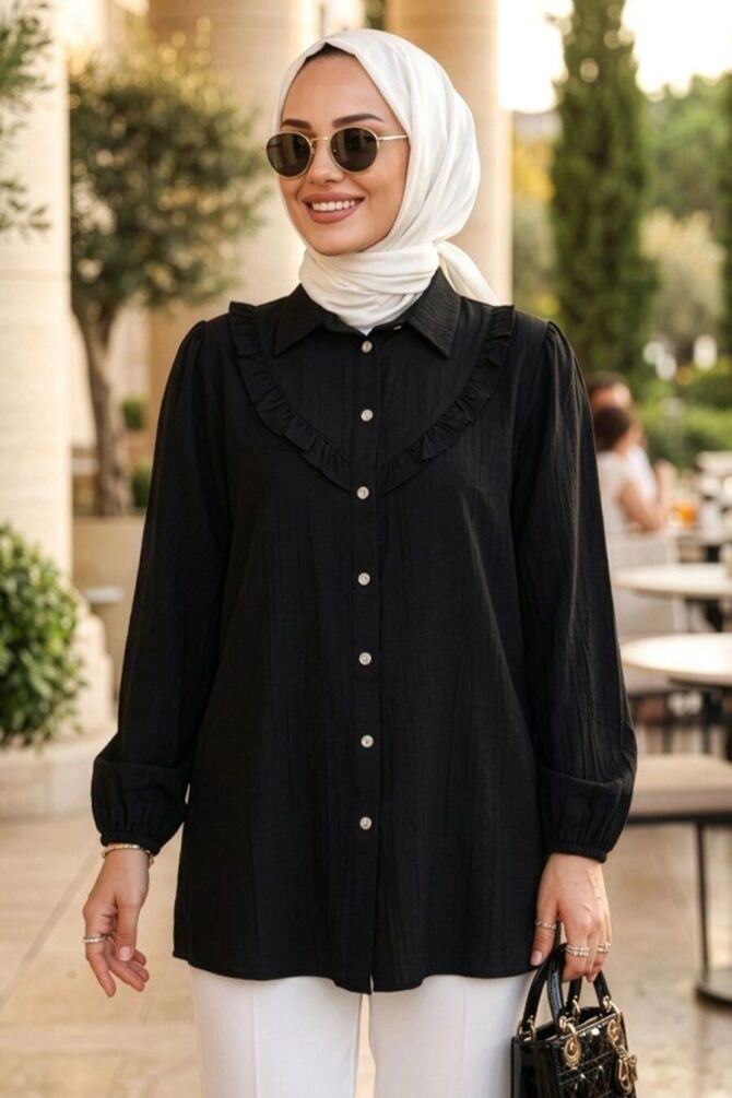 Fırfır Detaylı Siyah Tesettür Tunik 10693S - 1