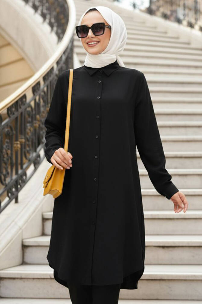 Düğmeli Siyah Tesettür Tunik 11750S - 1