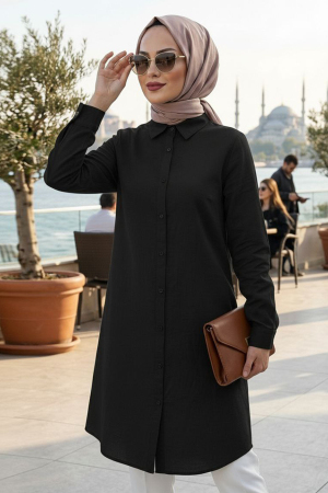 Düğmeli Siyah Tesettür Tunik 11751S 