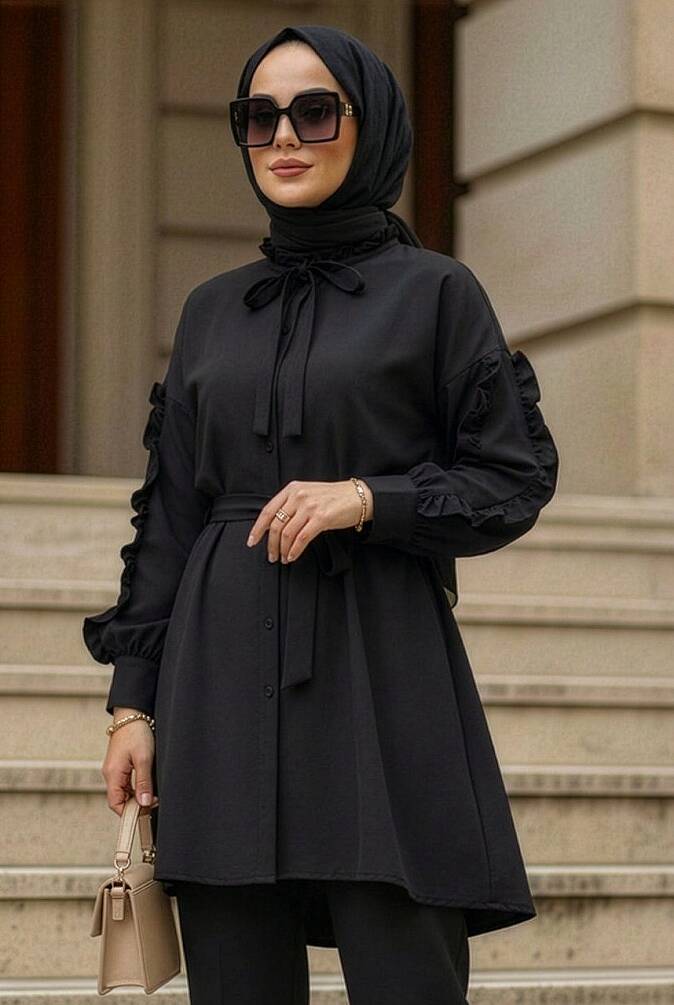 Düğmeli Siyah Tesettür Tunik 20295S - 1