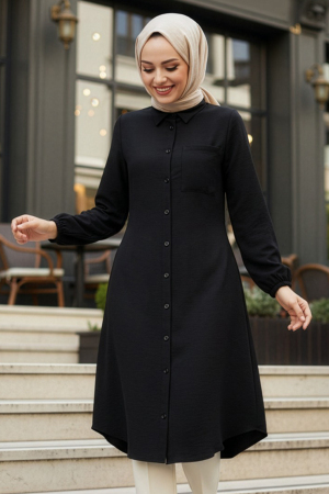 Düğmeli Siyah Tesettür Tunik 30293S 