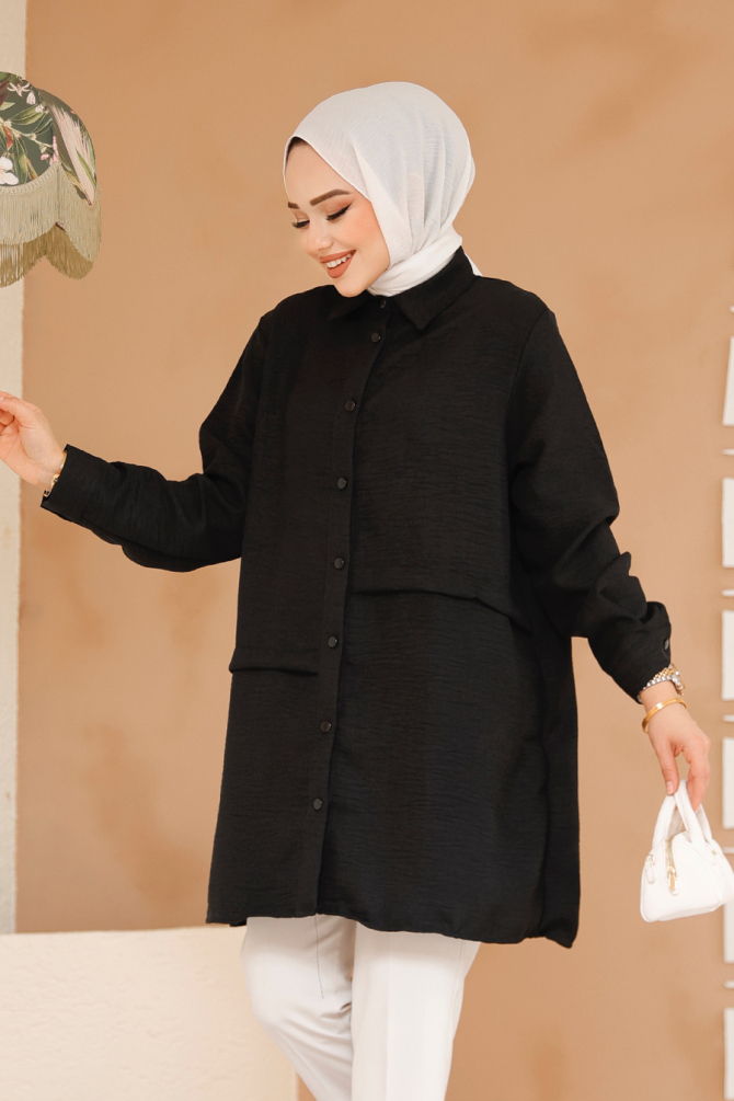 Düğmeli Siyah Tesettür Tunik 30881S - NEVA STYLE