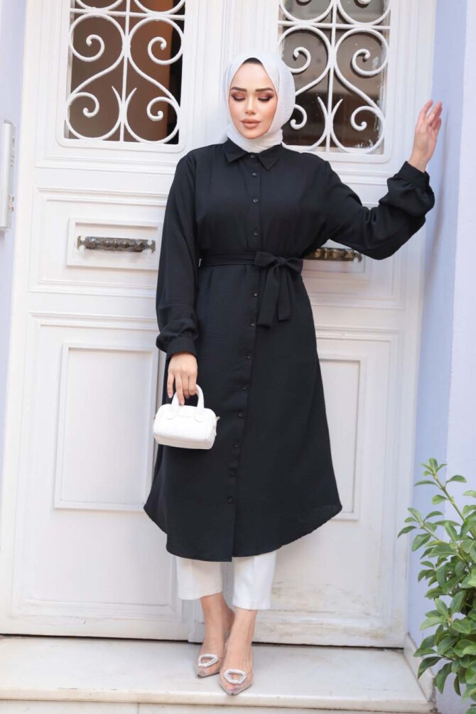 Düğmeli Siyah Tesettür Tunik 32172S - 2