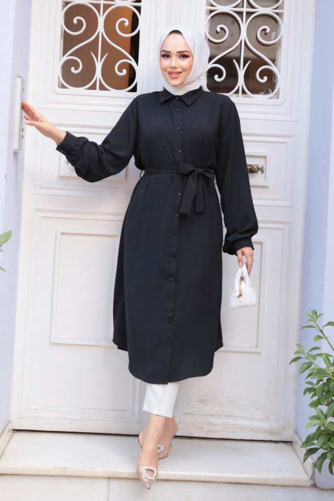 Düğmeli Siyah Tesettür Tunik 32172S - 1
