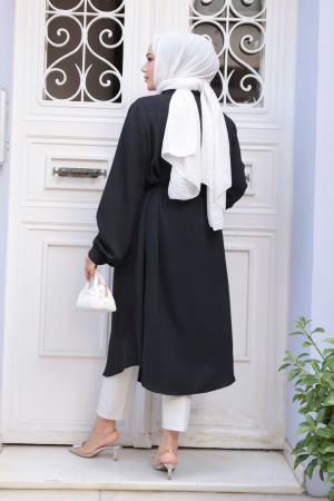 Düğmeli Siyah Tesettür Tunik 32172S - 3