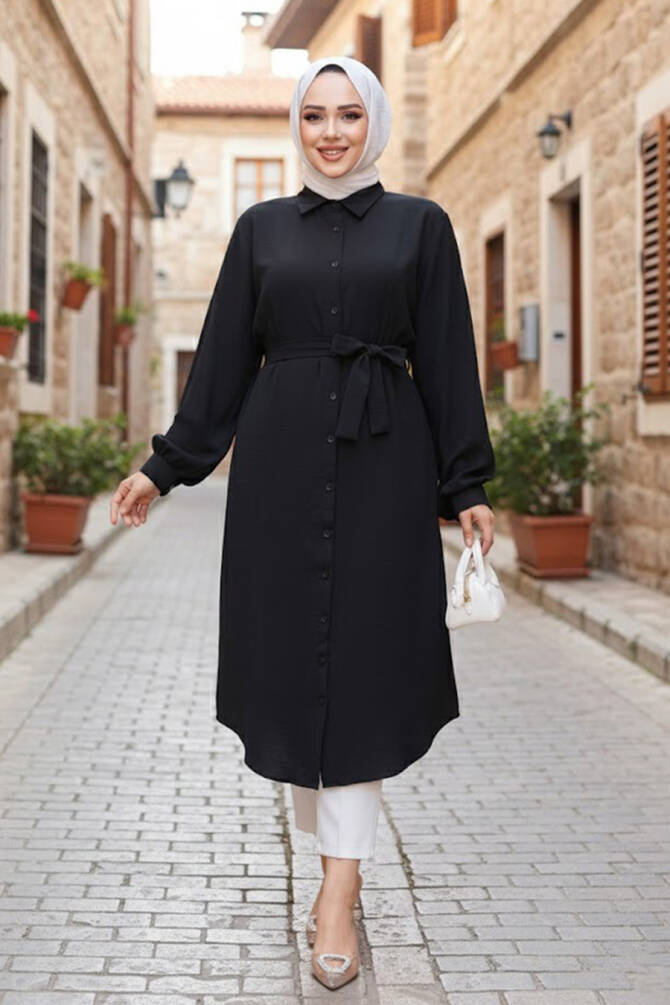 Düğmeli Siyah Tesettür Tunik 32172S - NEVA STYLE