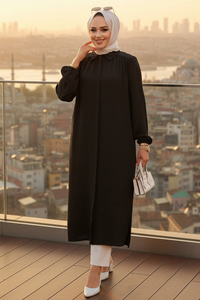 Düğmeli Siyah Tesettür Tunik 41401S - 1