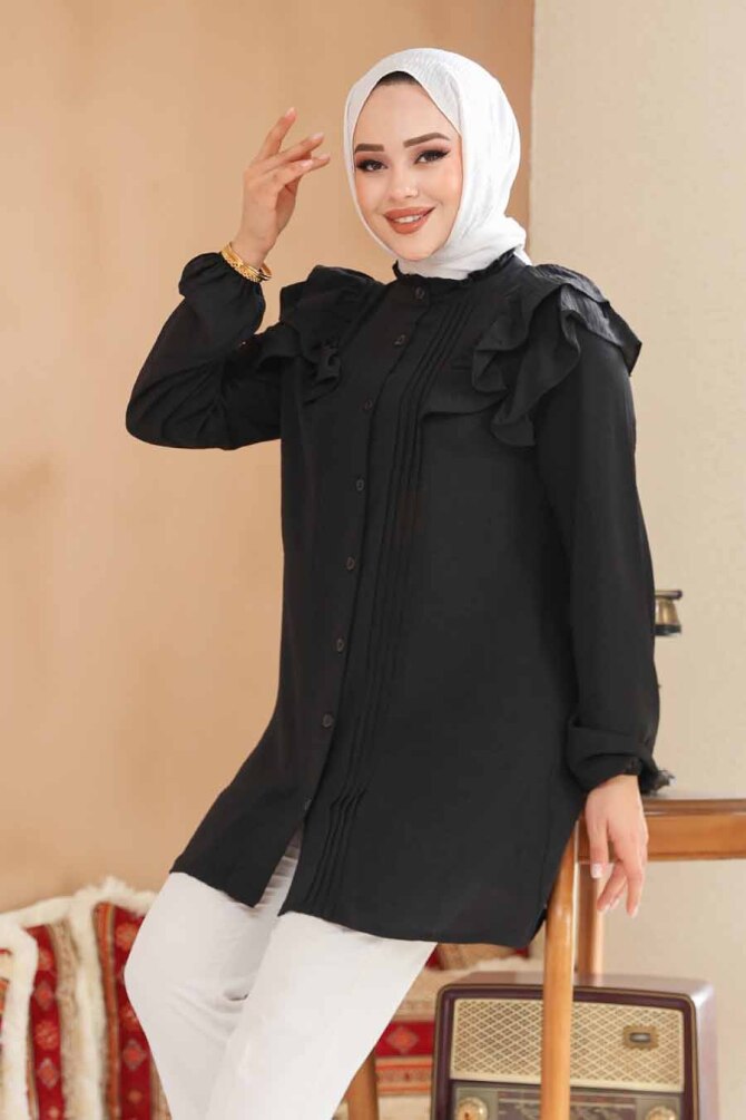 Düğmeli Siyah Tesettür Tunik 42291S - NEVA STYLE