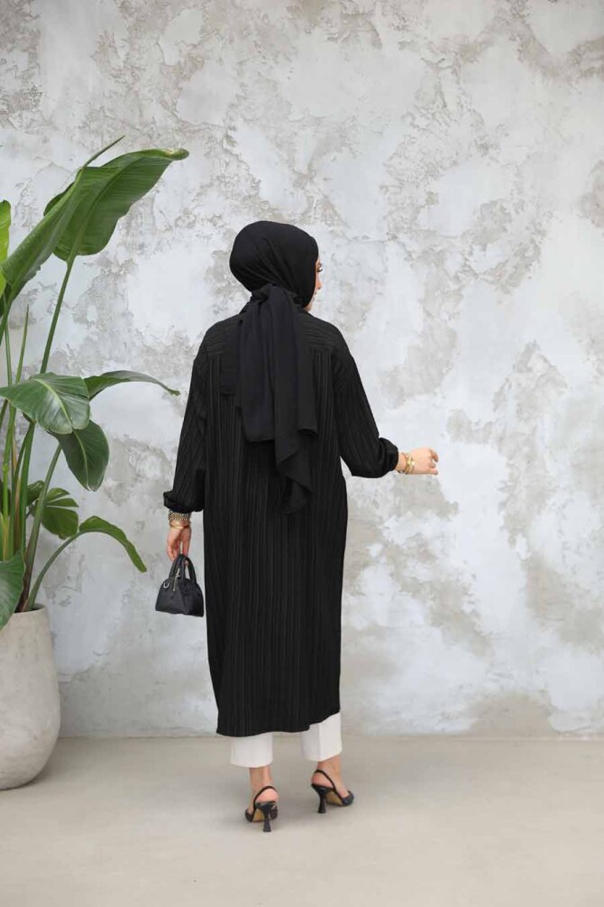 Düğmeli Siyah Tesettür Tunik 45071S - 3