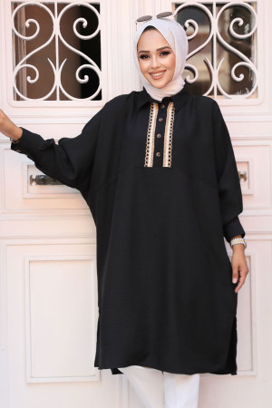 Düğmeli Siyah Tesettür Tunik 663S - 2