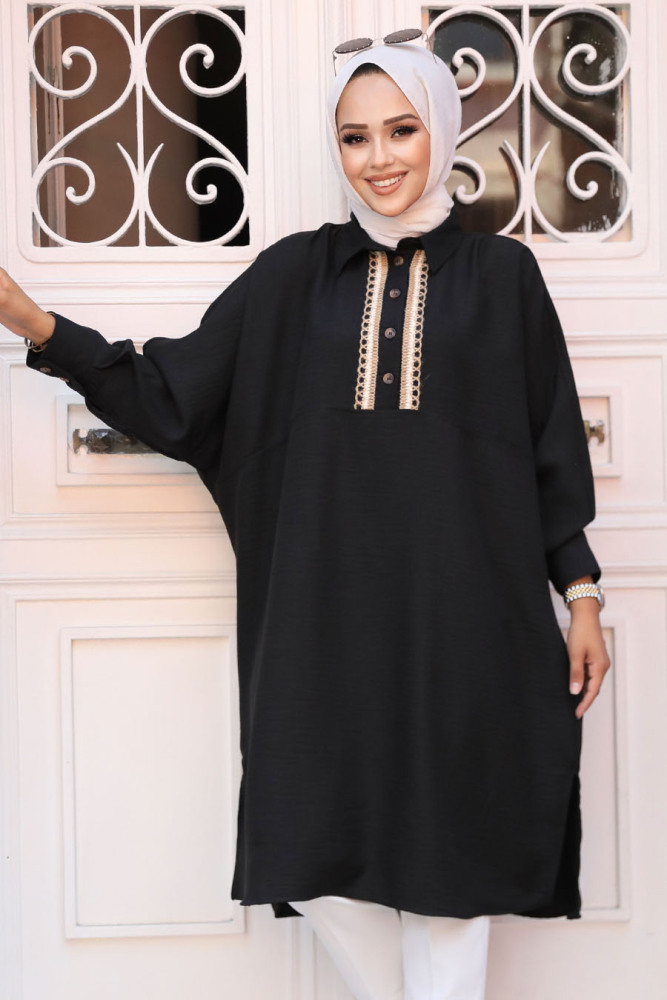 Düğmeli Siyah Tesettür Tunik 663S - 2
