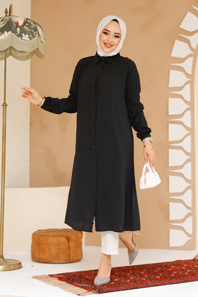 Düğmeli Siyah Tesettür Tunik 70381S - NEVA STYLE