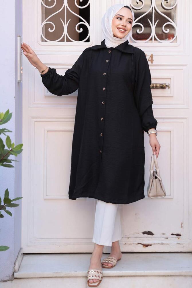 Düğmeli Siyah Tesettür Tunik 70881S - 1