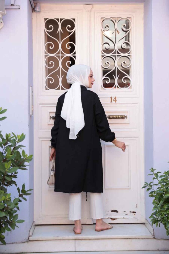 Düğmeli Siyah Tesettür Tunik 70881S - 4