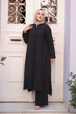 Düğmeli Siyah Tesettür Üçlü Takım 76591S - 1