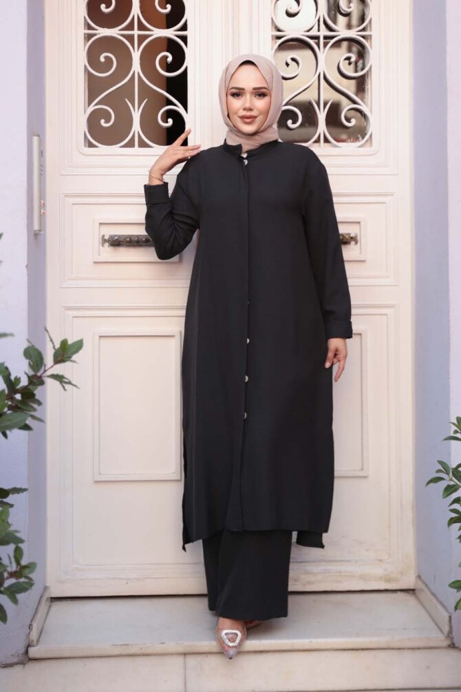 Düğmeli Siyah Tesettür Üçlü Takım 76591S - 2