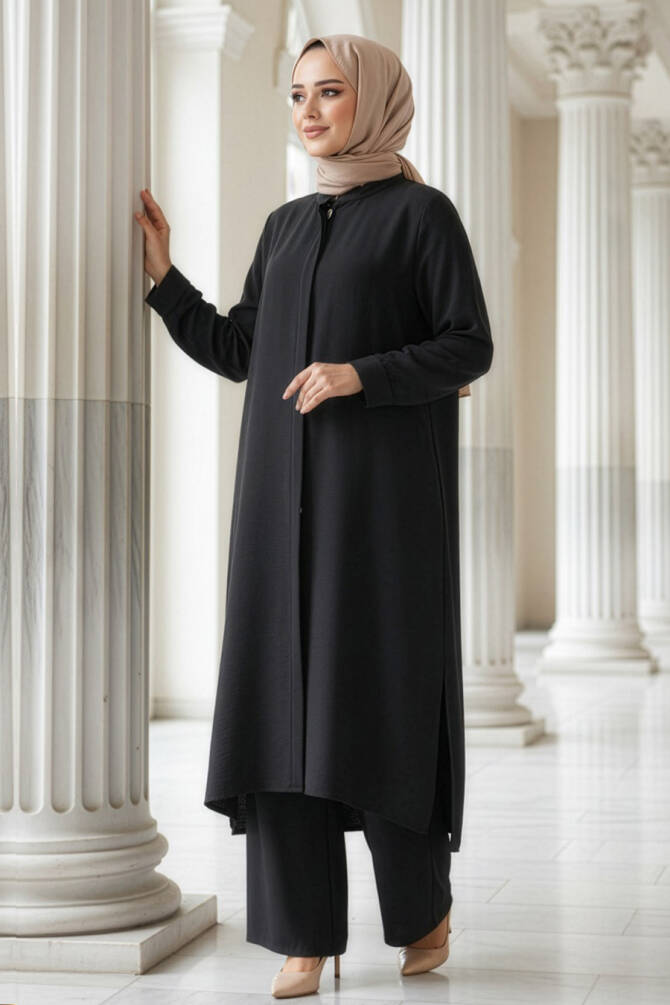 Düğmeli Siyah Tesettür Üçlü Takım 76591S - 1