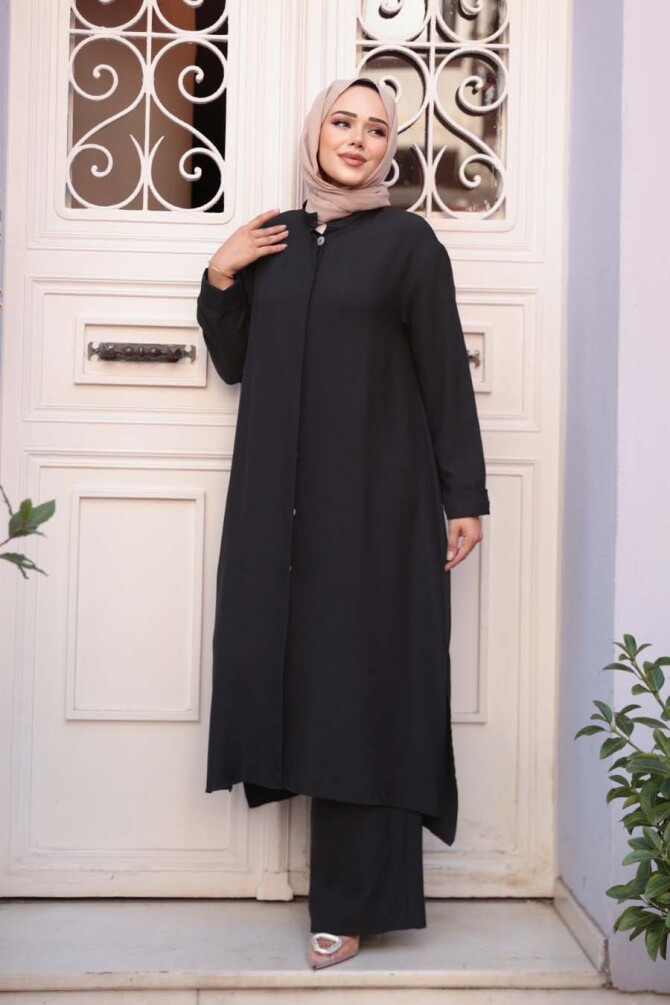Düğmeli Siyah Tesettür Üçlü Takım 76591S - 1