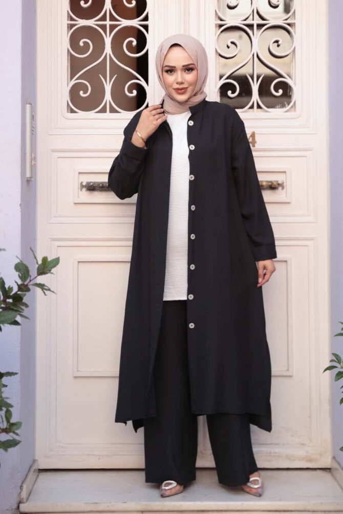 Düğmeli Siyah Tesettür Üçlü Takım 76591S - 3
