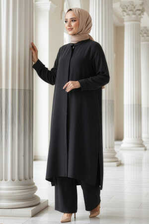 Düğmeli Siyah Tesettür Üçlü Takım 76591S - N.S NEVA STYLE