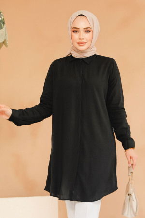 Düğmeli Siyah Tesettür Viskon Tunik 11715S - 2