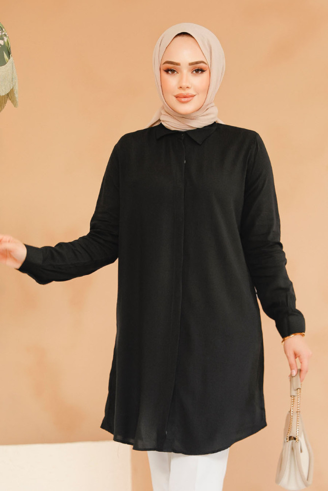 Düğmeli Siyah Tesettür Viskon Tunik 11715S - 2