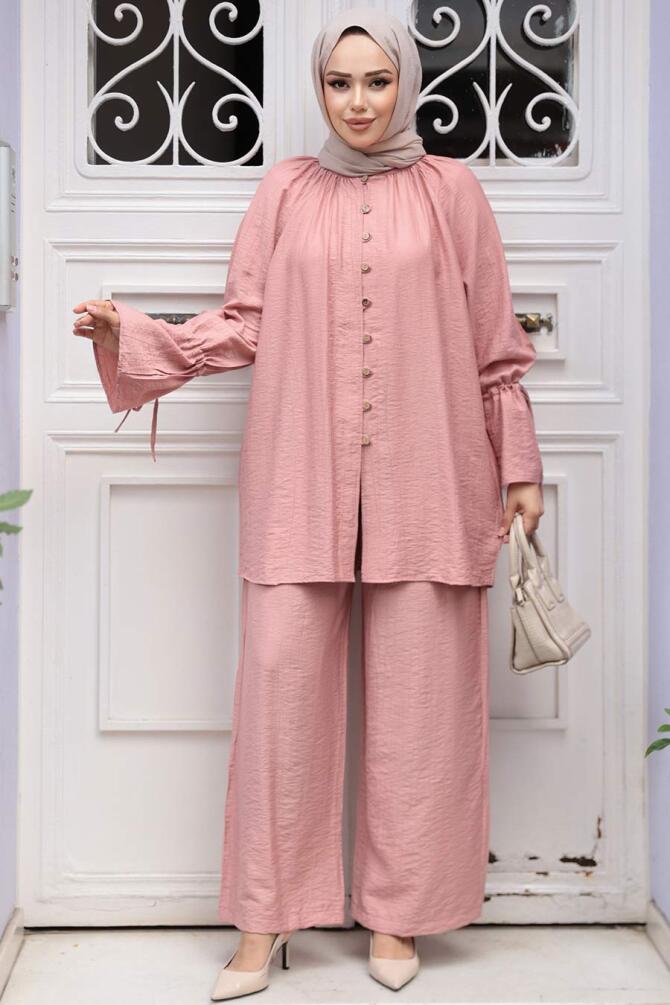 Düğmeli Somon Tesettür İkili Takım 30451SMN - N.S NEVA STYLE