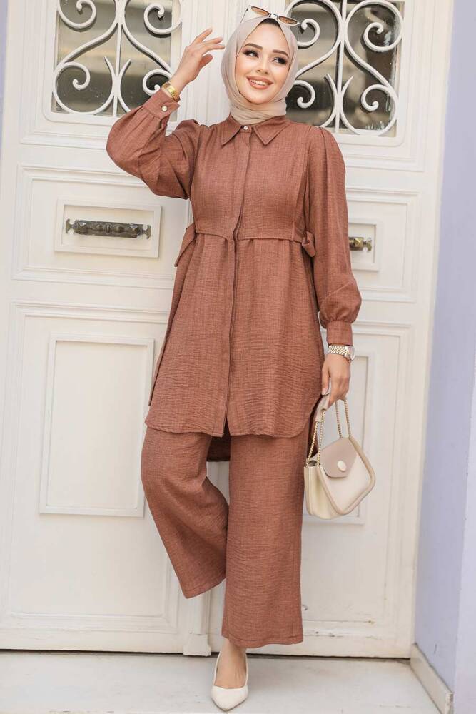 Düğmeli Taba Tesettür İkili Takım 68351TB - 1