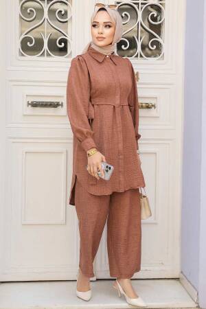 Düğmeli Taba Tesettür İkili Takım 68351TB - 2
