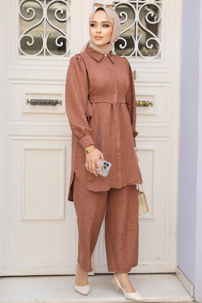 Düğmeli Taba Tesettür İkili Takım 68351TB - 2