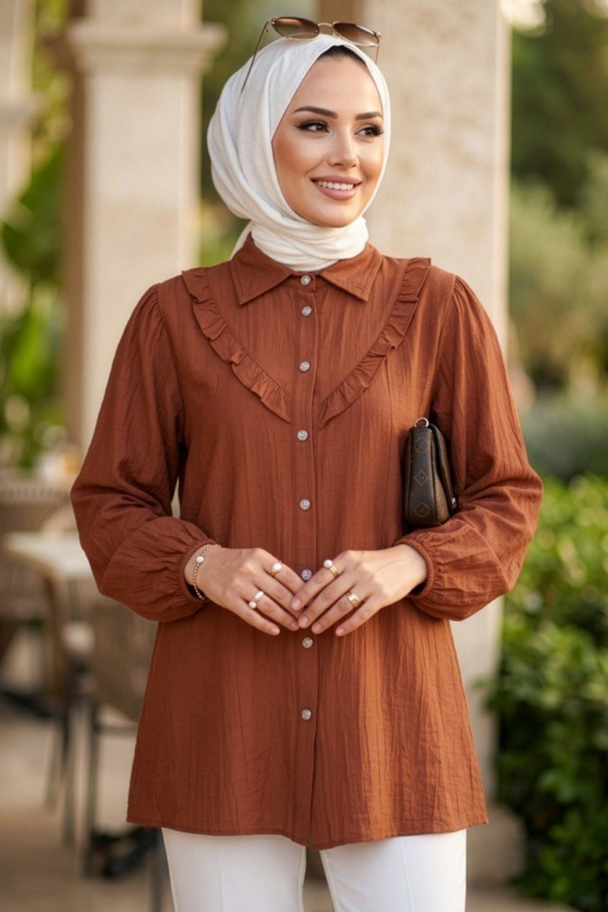 Düğmeli Taba Tesettür Tunik 10693TB - 1
