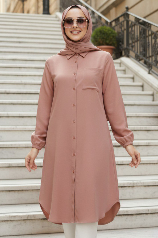 Düğmeli Taba Tesettür Tunik 30293TB - 1