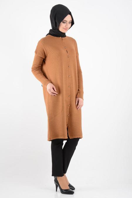 Düğmeli Taba Triko Tesettür Hırka 3561TB - 2