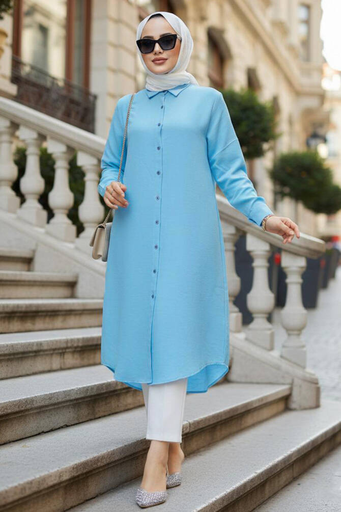 Düğmeli Turkuaz Tesettür Tunik 10784TR - 1