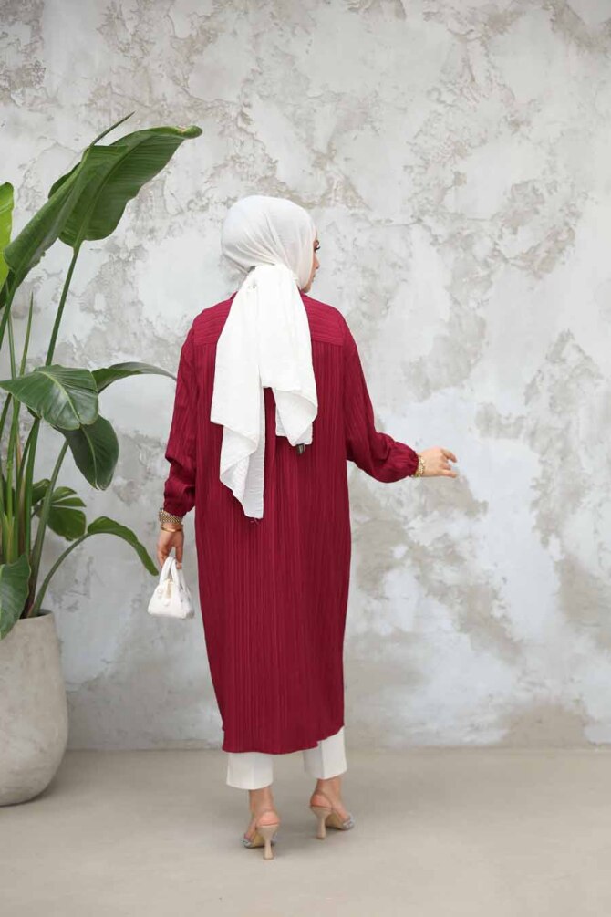 Düğmeli Vişne Tesettür Tunik 45071VSN - 4