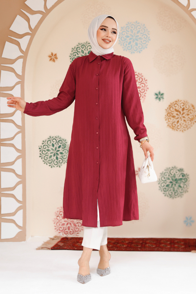 Düğmeli Vişne Tesettür Tunik 70381VSN - NEVA STYLE