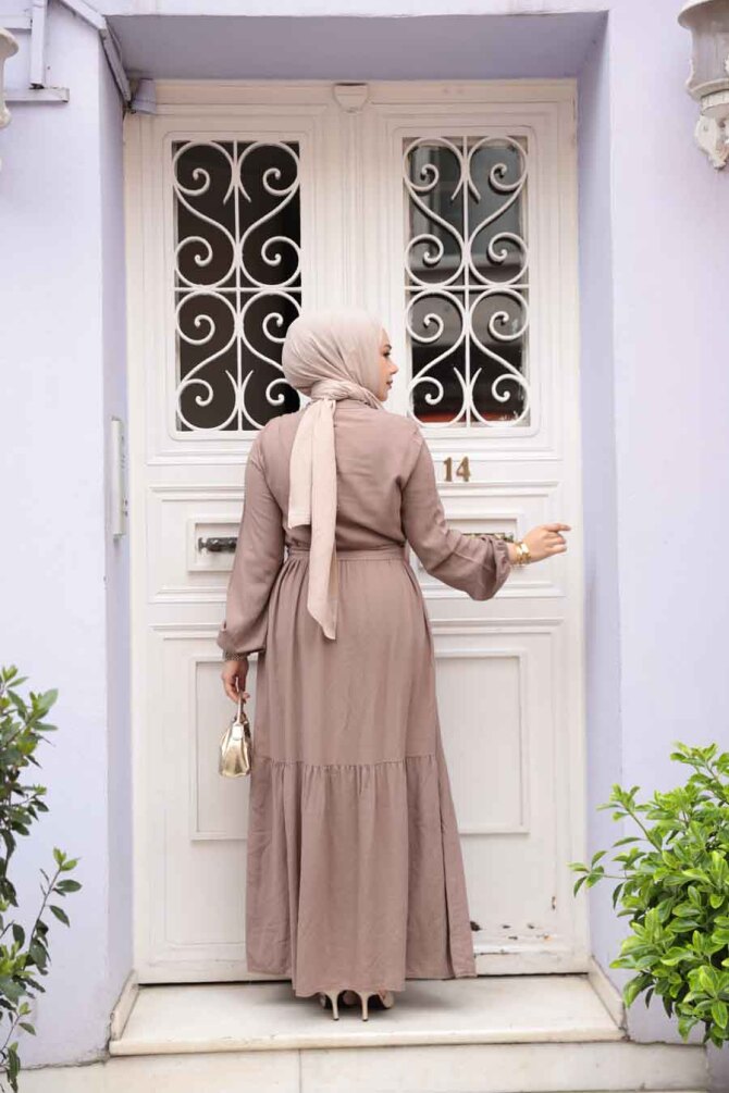 Düğmeli Vizon Tesettür Elbise 23929V - 4
