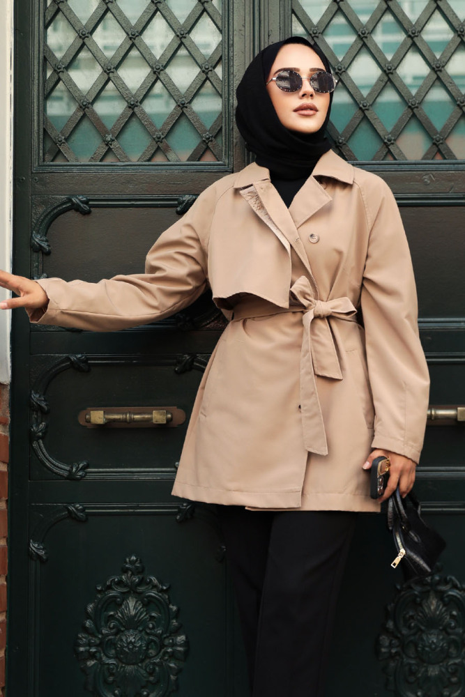 Düğmeli Vizon Tesettür Kısa Trençkot 19024V - NEVA STYLE