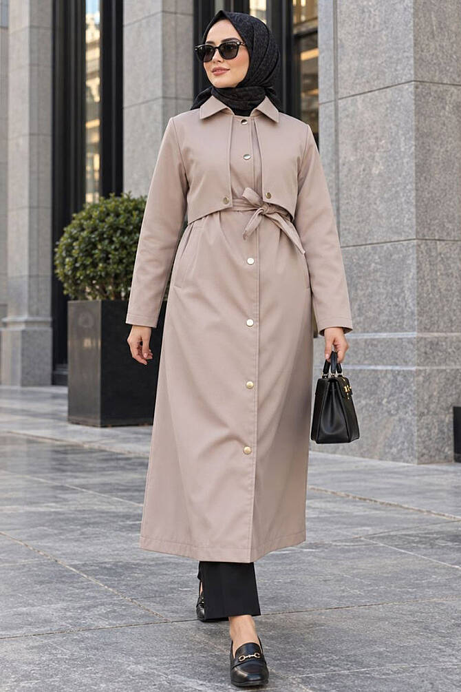 Düğmeli Vizon Tesettür Trençkot 62131V - NEVA STYLE