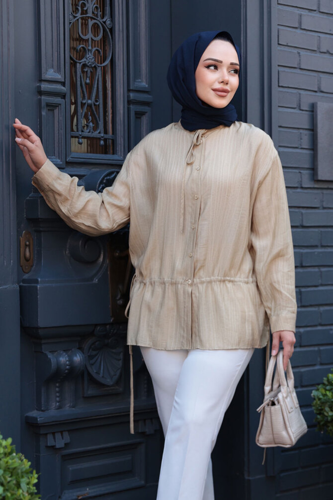 Düğmeli Yağ Yeşili Tesettür Gömlek 32358YY - NEVA STYLE